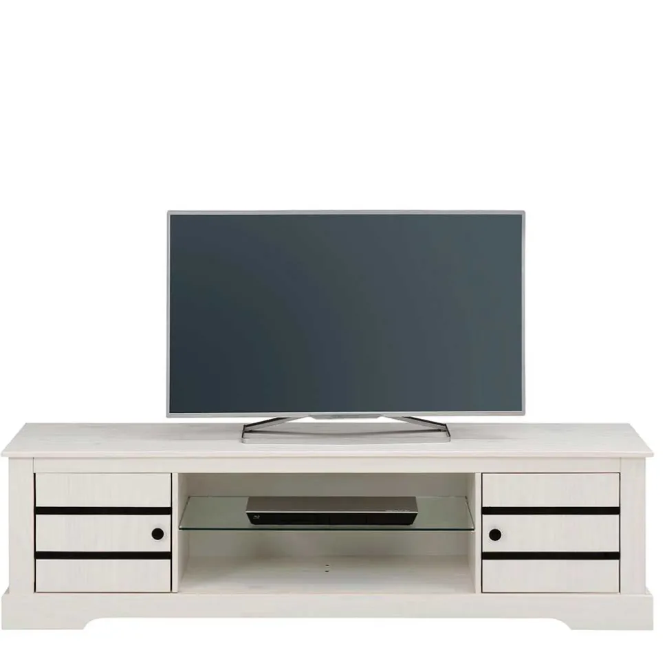 Kiefernholz TV Unterschrank in Weiß mit Schwarz - Manduza