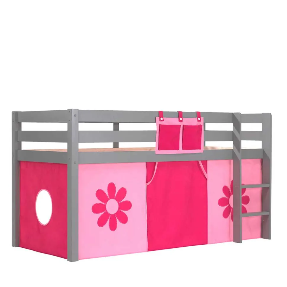 Kinder-Hochbett in Grau mit Spielvorhang - Helma