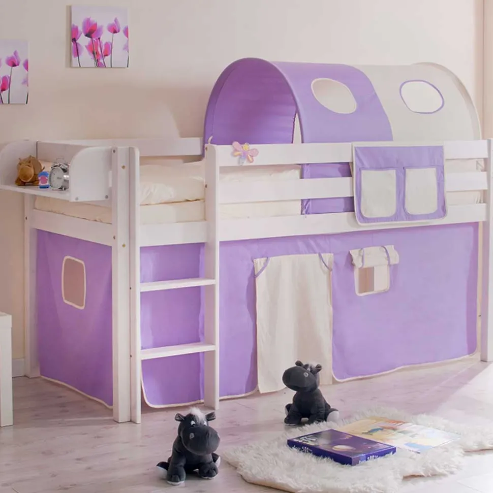 Kinderhochbett Turino mit Tunnel und Vorhang in Lila Beige