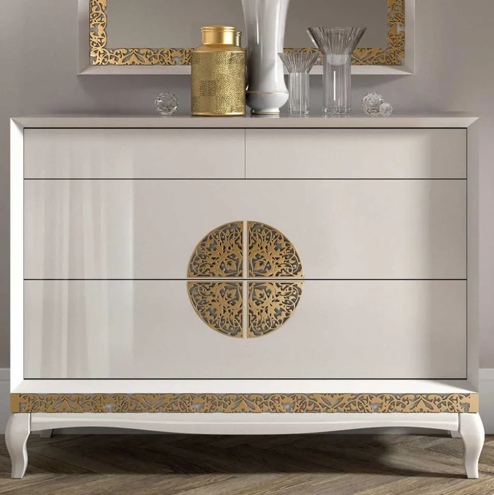 Kommode & Spiegel in Weiß & Gold - Valganios (zweiteilig)