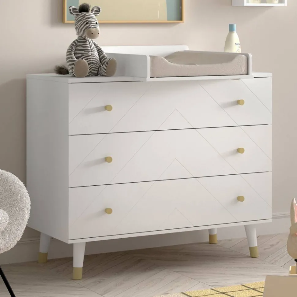 Kommode mit Wickelaufsatz in Weiß mit Gold - Zimventa