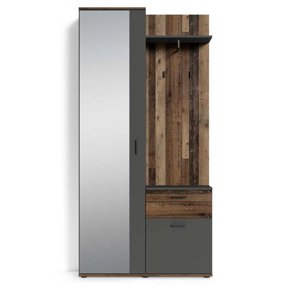 Kompakte Garderobe in Anthrazit & Altholz Optik - Vlatu