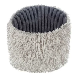 Kunstfell Pouf in Hellgrau mit Cord Dunkelgrau - Valbera