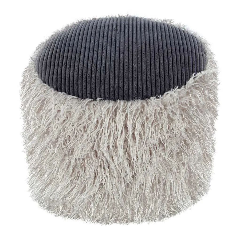 Kunstfell Pouf in Hellgrau mit Cord Dunkelgrau - Valbera