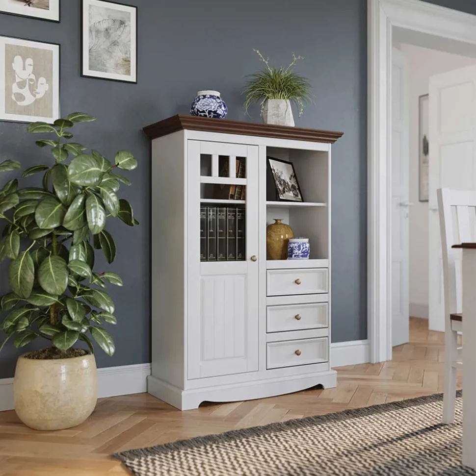 Landhaus Highboard in Weiß und Nussbaum Braun - Manipur