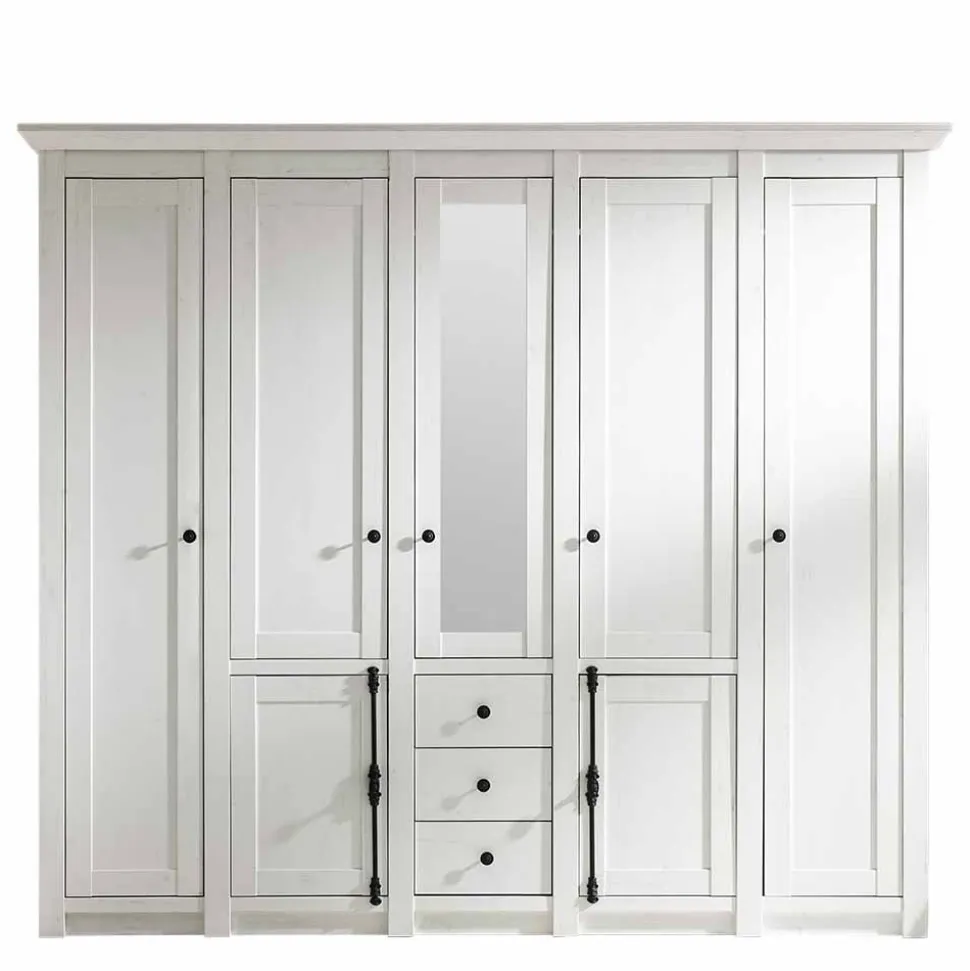 Landhaus Kleiderschrank Chelles in Weiß mit Spiegel