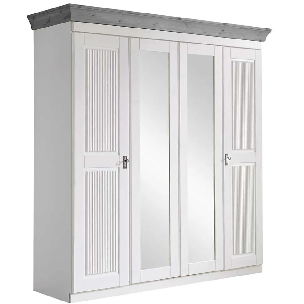 Landhaus Kleiderschrank in Weiß und Kiefer Grau - Caneon