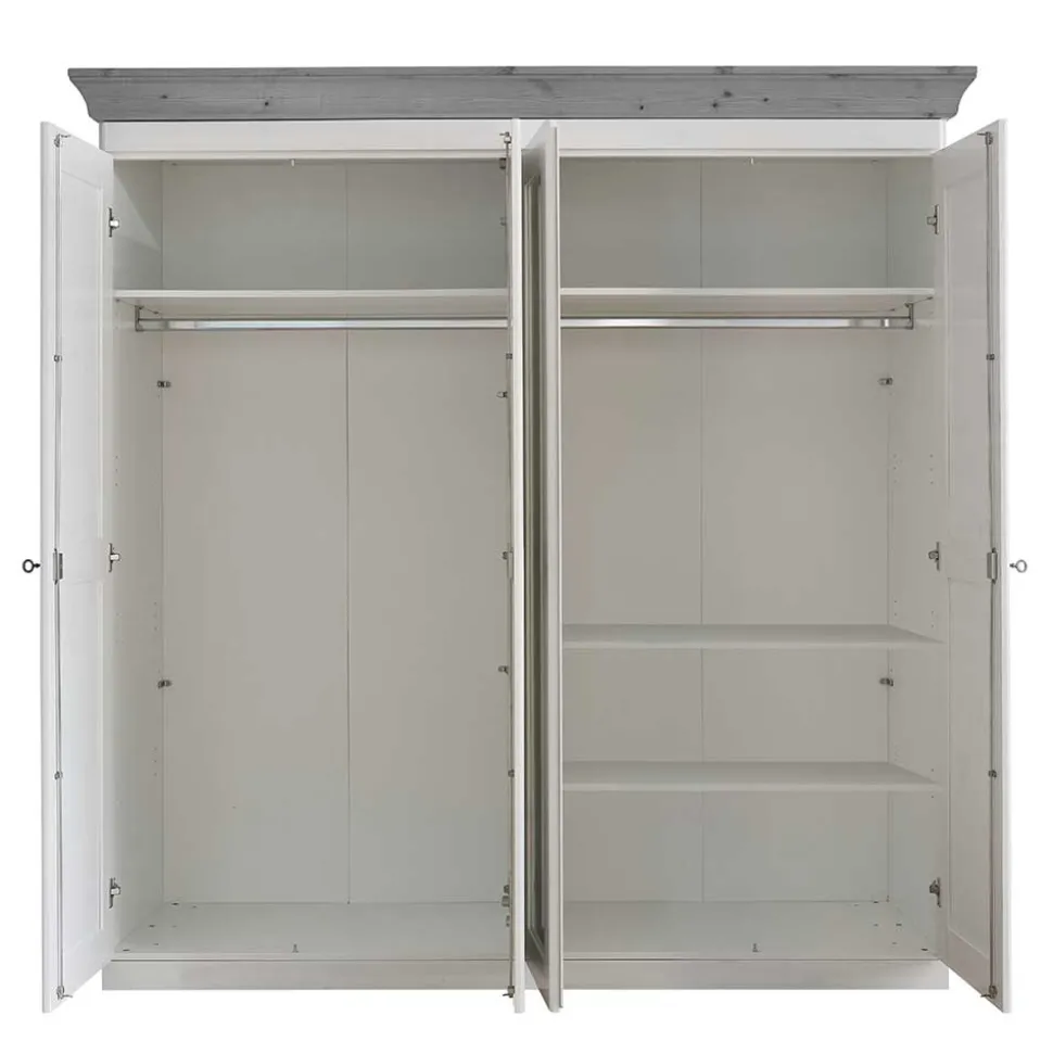 Landhaus Kleiderschrank in Weiß und Kiefer Grau - Caneon