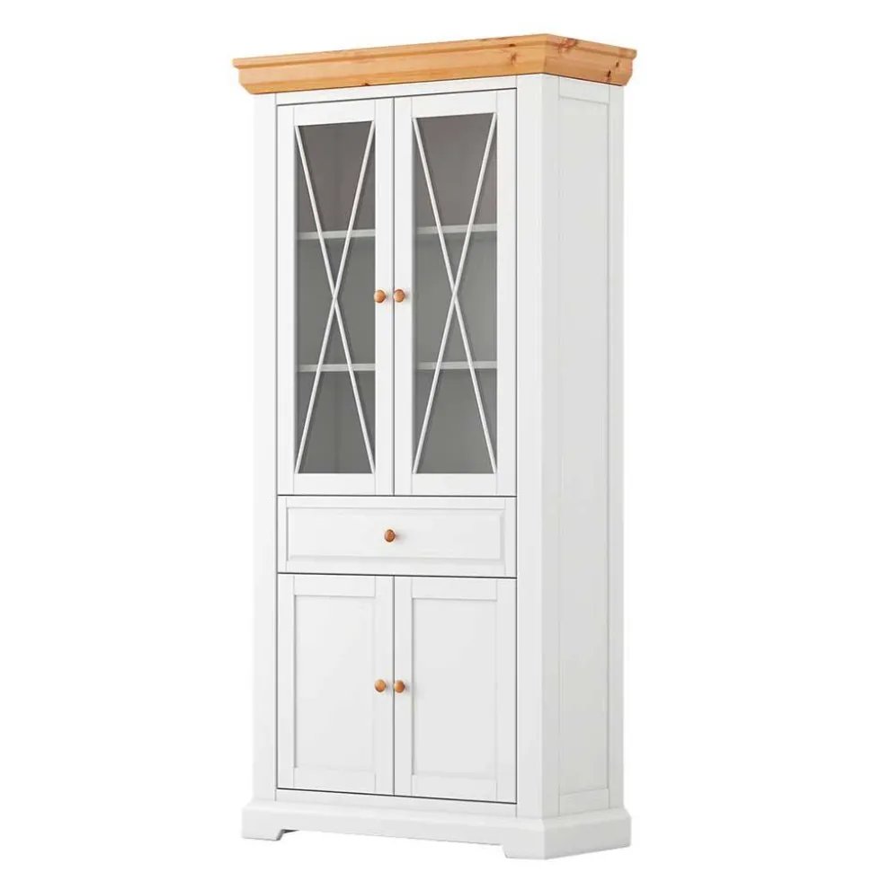 Landhaus Vitrinenschrank in Weiß & Natur Kiefer - Saluts