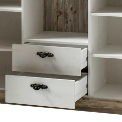 Landhaus Wohnmöbel Set mit Sideboard Nedita in Weiß mit Pinie Shabby (vierteilig)