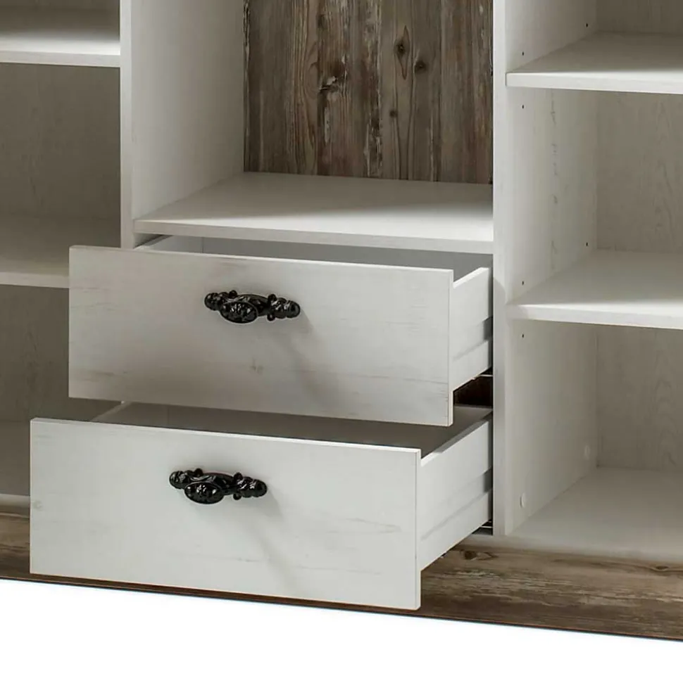 Landhaus Wohnmöbel Set mit Sideboard Nedita in Weiß mit Pinie Shabby (vierteilig)