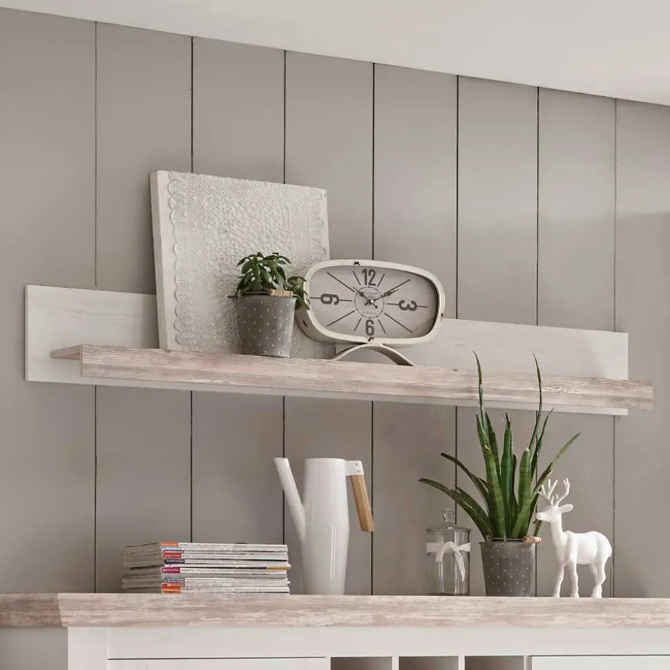 Landhaus Wohnmöbel Set mit Sideboard Nedita in Weiß mit Pinie Shabby (vierteilig)