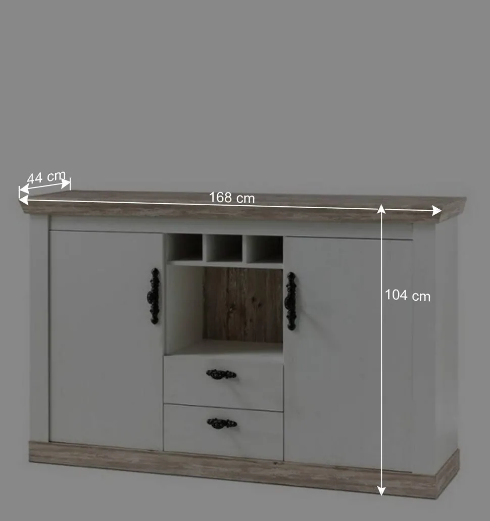 Landhaus Wohnmöbel Set mit Sideboard Nedita in Weiß mit Pinie Shabby (vierteilig)