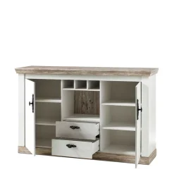 Landhaus Wohnmöbel Set mit Sideboard Nedita in Weiß mit Pinie Shabby (vierteilig)