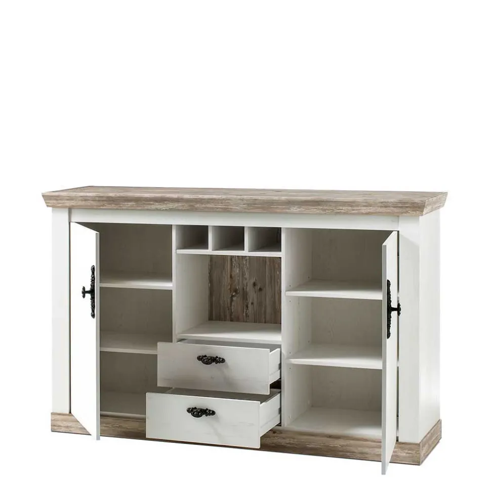 Landhaus Wohnmöbel Set mit Sideboard Nedita in Weiß mit Pinie Shabby (vierteilig)