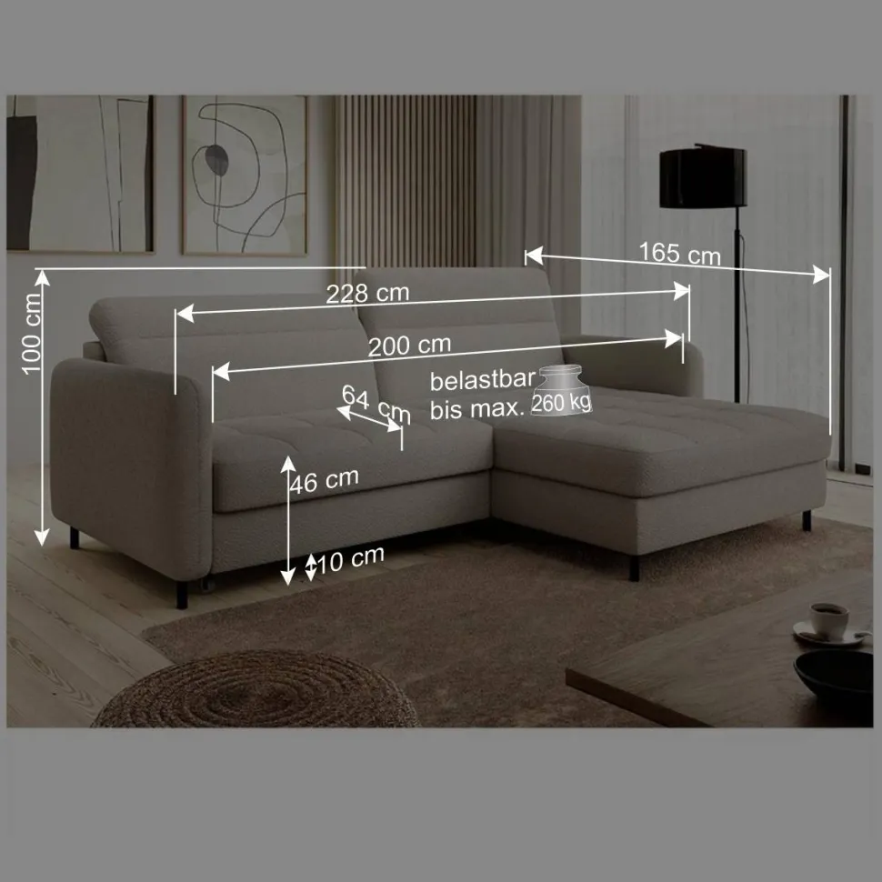 L-Design Bettsofa in Taupe Stoffbezug - Gravanti