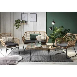 Lounge Sitzgruppe aus Geflecht in Beige - Renzo (vierteilig)