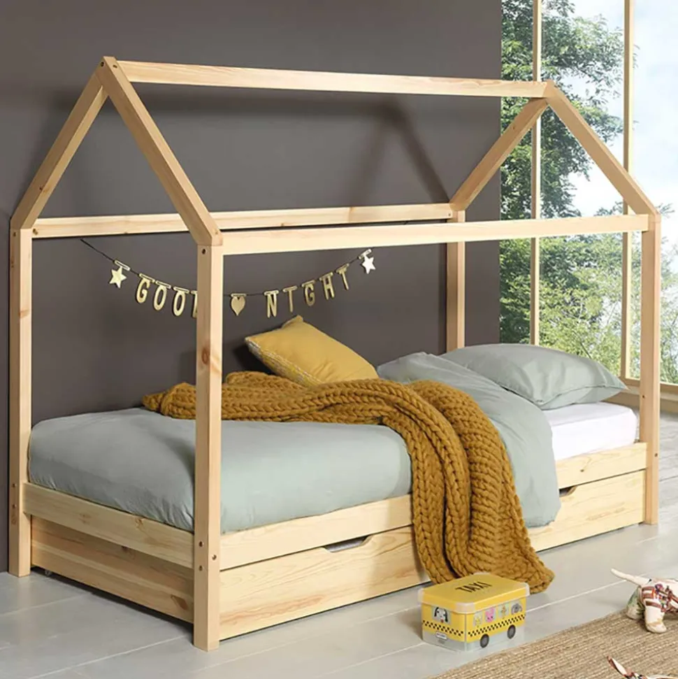 Massives Haus Kinderbett in Kiefer Natur - Luvrena