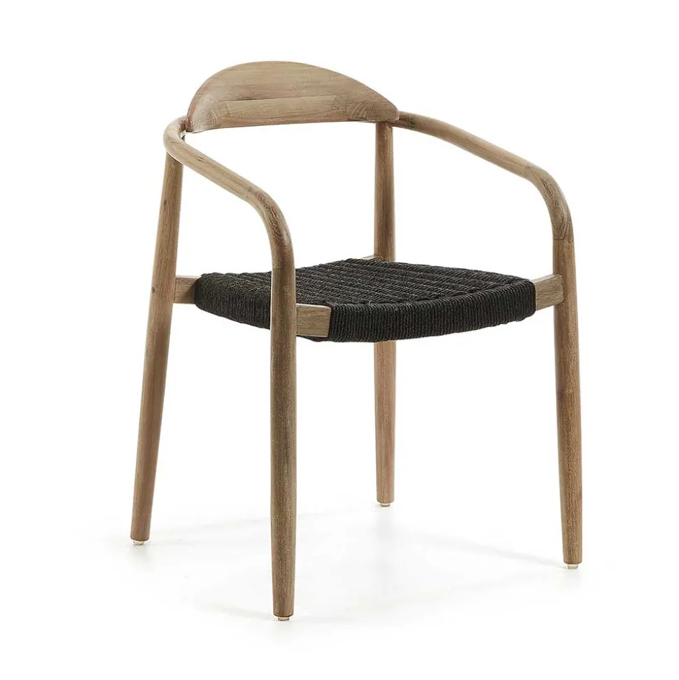 Massivholz Armlehnstuhl mit Geflecht Sitz Anela aus Kordel Grau (4er Set)