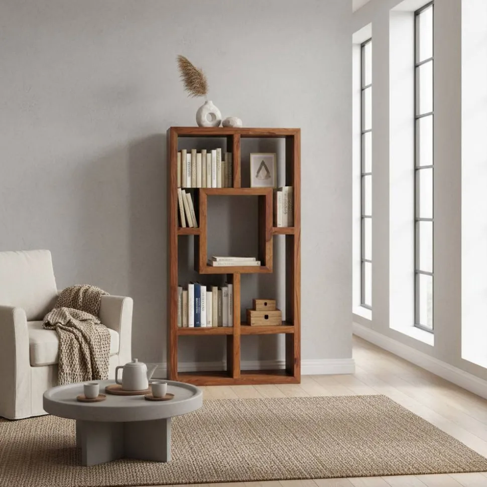 Massivholz Design Standregal Hoslo aus Sheesham klar lackiert