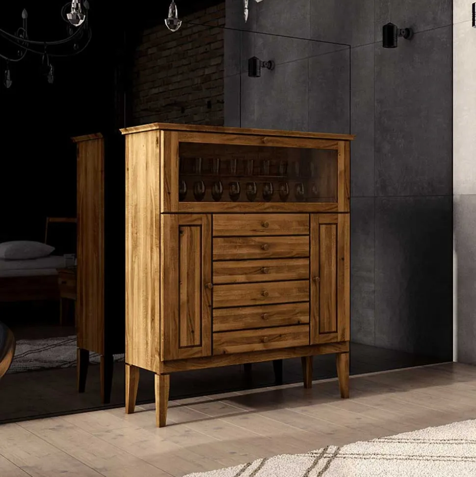 Massivholz Highboard Masdamos mit Glasklappe