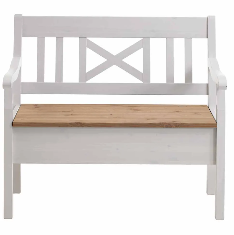 Massivholz Truhenbank Lugon aus Kiefer Weiß Braun