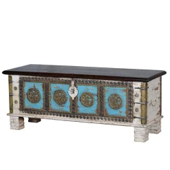 Massivholztruhe in Antikweiß mit Blau Bronze Braun - Eskuladra