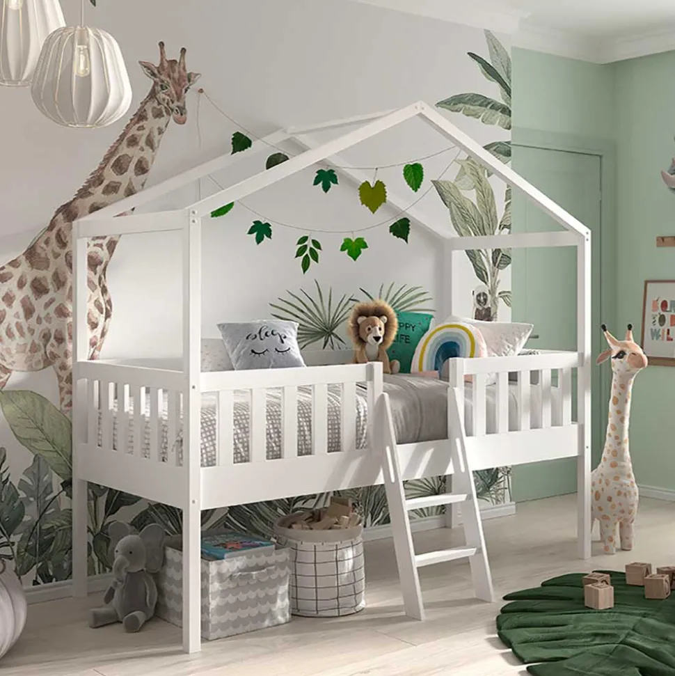 Midi Hochbett im Haus Design in Weiß - Rumona