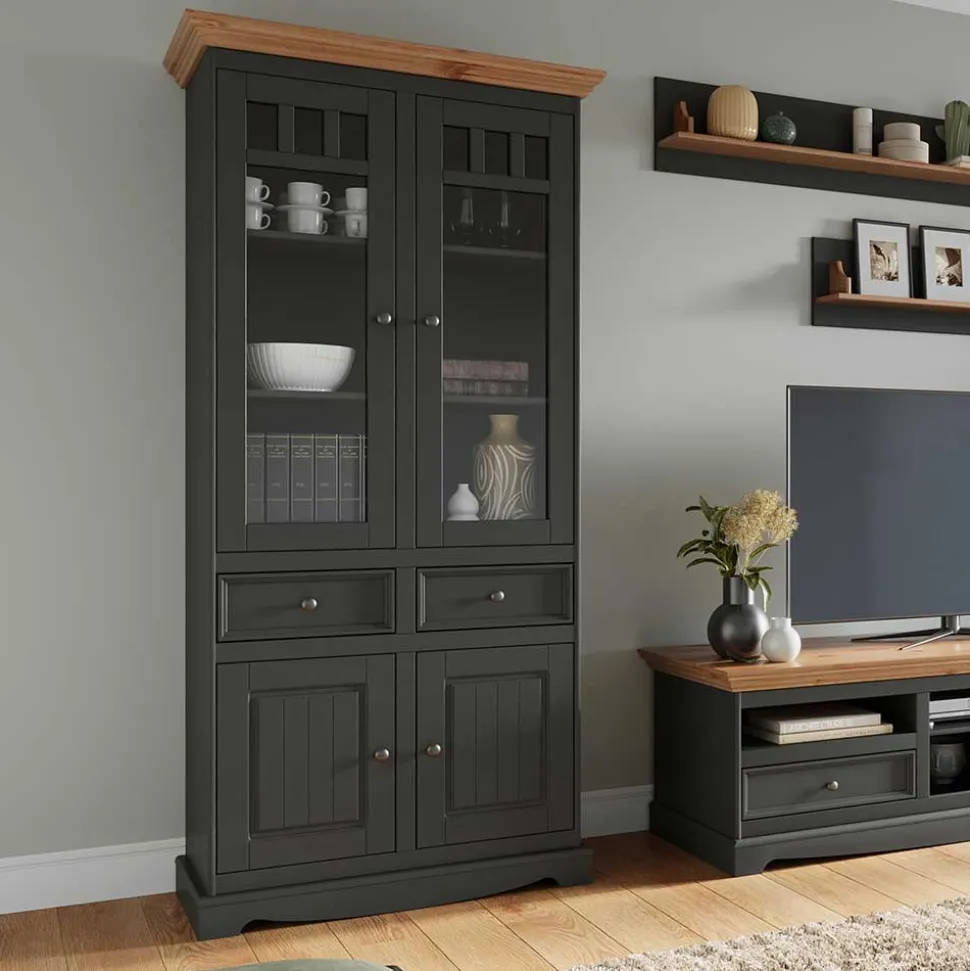 Modern Country Vitrinenschrank in Grau & Kiefer - Eromsia