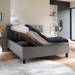Modernes Stoffbett mit Bettkasten in Hellgrau - Villaro