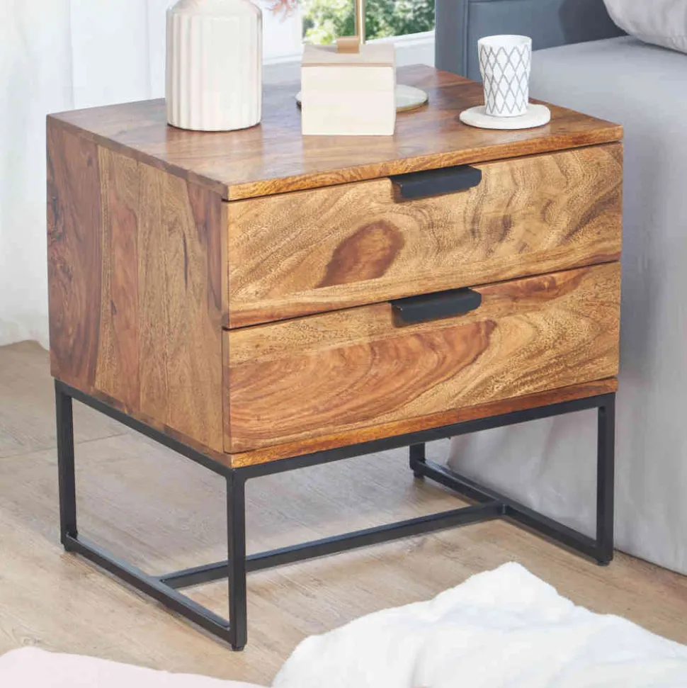 Nachtkommode aus Sheesham massiv & Metall - Campane