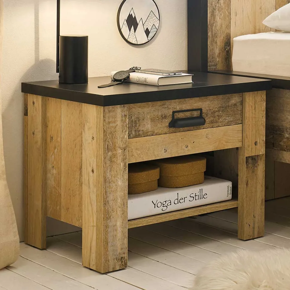 Nachttisch in Altholz Optik & Anthrazit - Naiavio