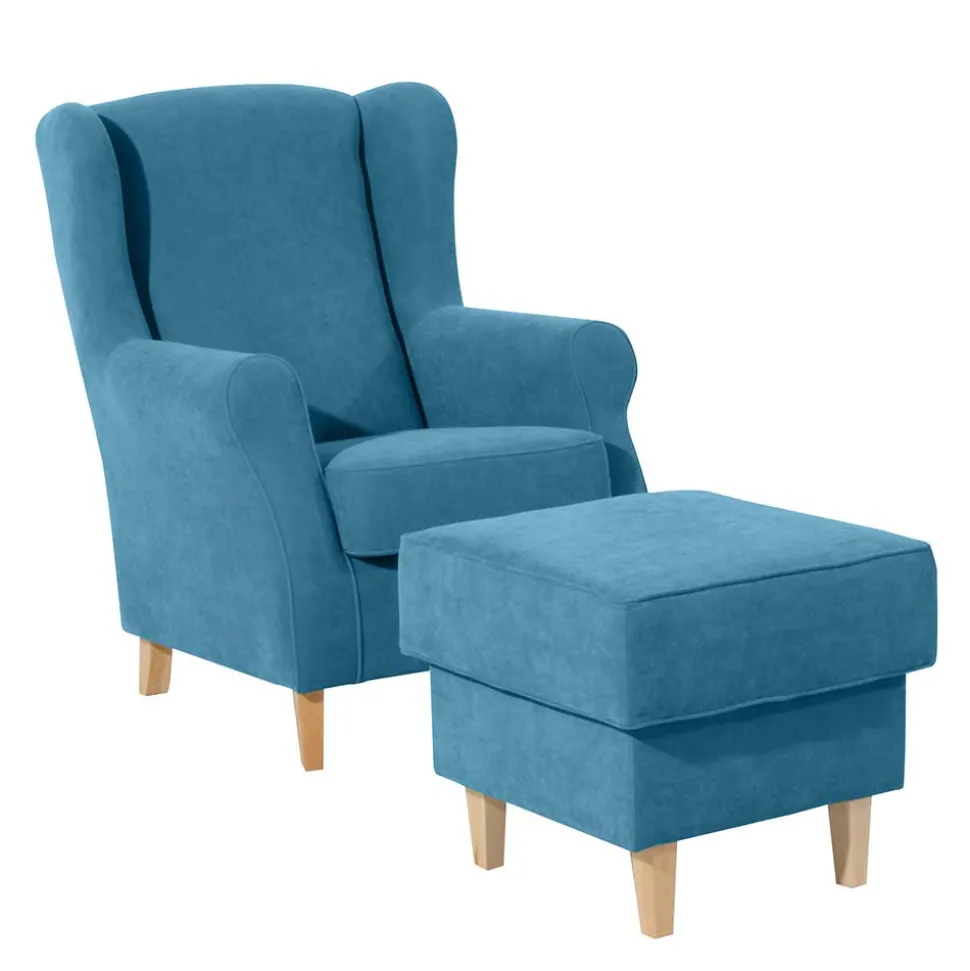 Ohrensessel aus Velours in Petrol - Edna