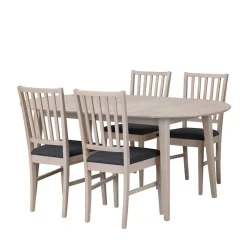 Ovaler Esstisch Eiche White Wash & 4 Stühle Pessoa mit Webstoff Grau (fünfteilig)