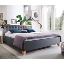 Polsterbett in Grau & Eiche - Saludio