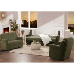 Polstergarnitur in Dunkelgrün Flockstoff - Ramira (dreiteilig)