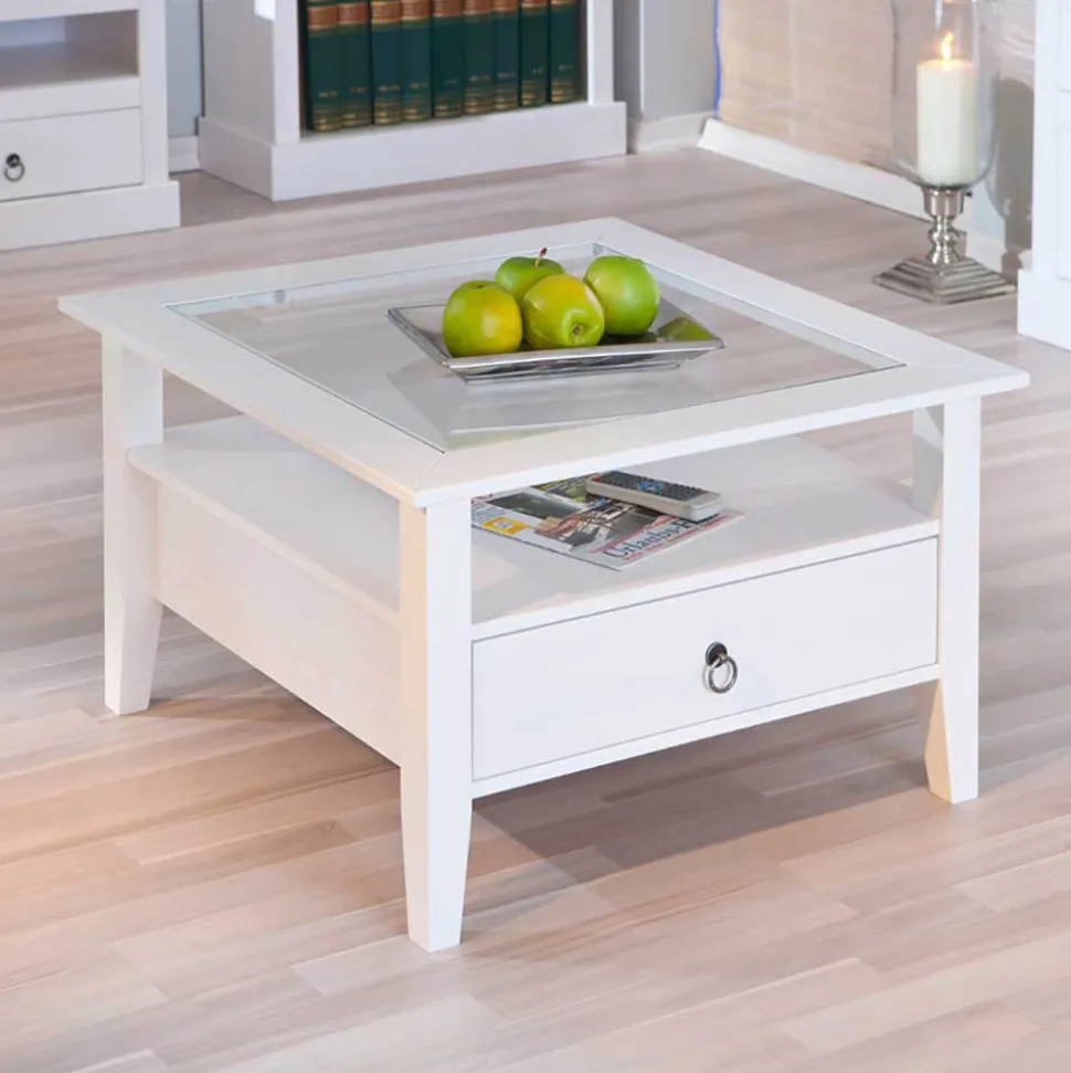 Quadrat 75x75 Landhaus Sofatisch mit Glas - Rosanna