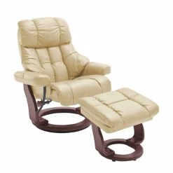 Relax Sessel mit Leder in Creme & Gestell Walnuss Hermine inkl. Hocker (zweiteilig)
