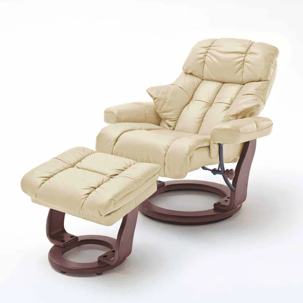 Relax Sessel mit Leder in Creme & Gestell Walnuss Hermine inkl. Hocker (zweiteilig)