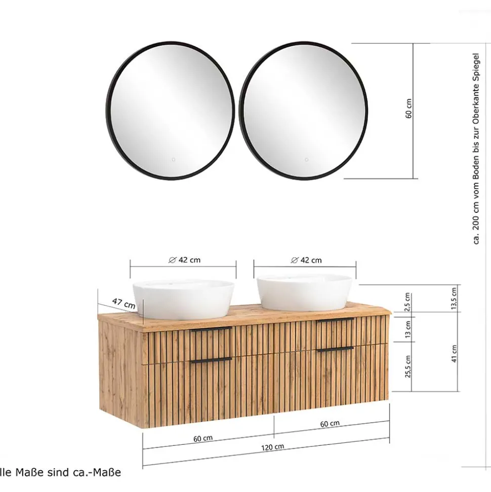 Runde Bad-Lichtspiegel & 2er Waschtisch - Crystoga (dreiteilig)