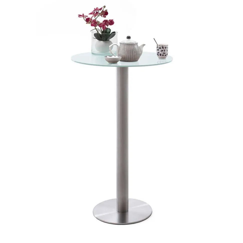 Runder Bartisch mit weißer Glasplatte Shaky & Edelstahlfuß