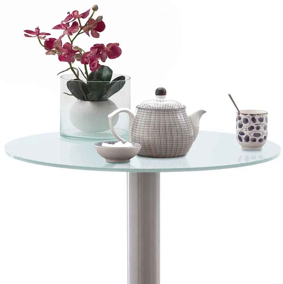 Runder Bartisch mit weißer Glasplatte Shaky & Edelstahlfuß