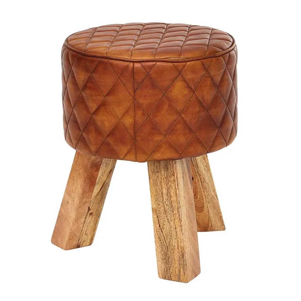 Runder Echtleder Hocker mit drei Holzfüßen - Morian