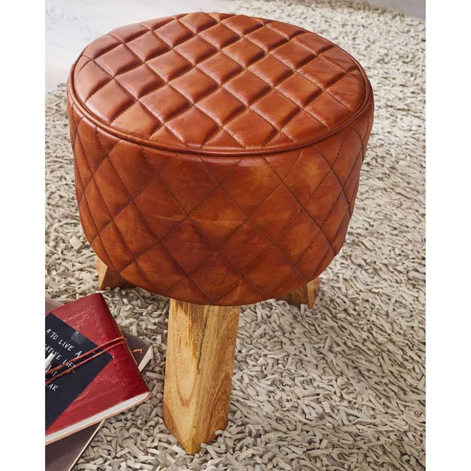 Runder Echtleder Hocker mit drei Holzfüßen - Morian