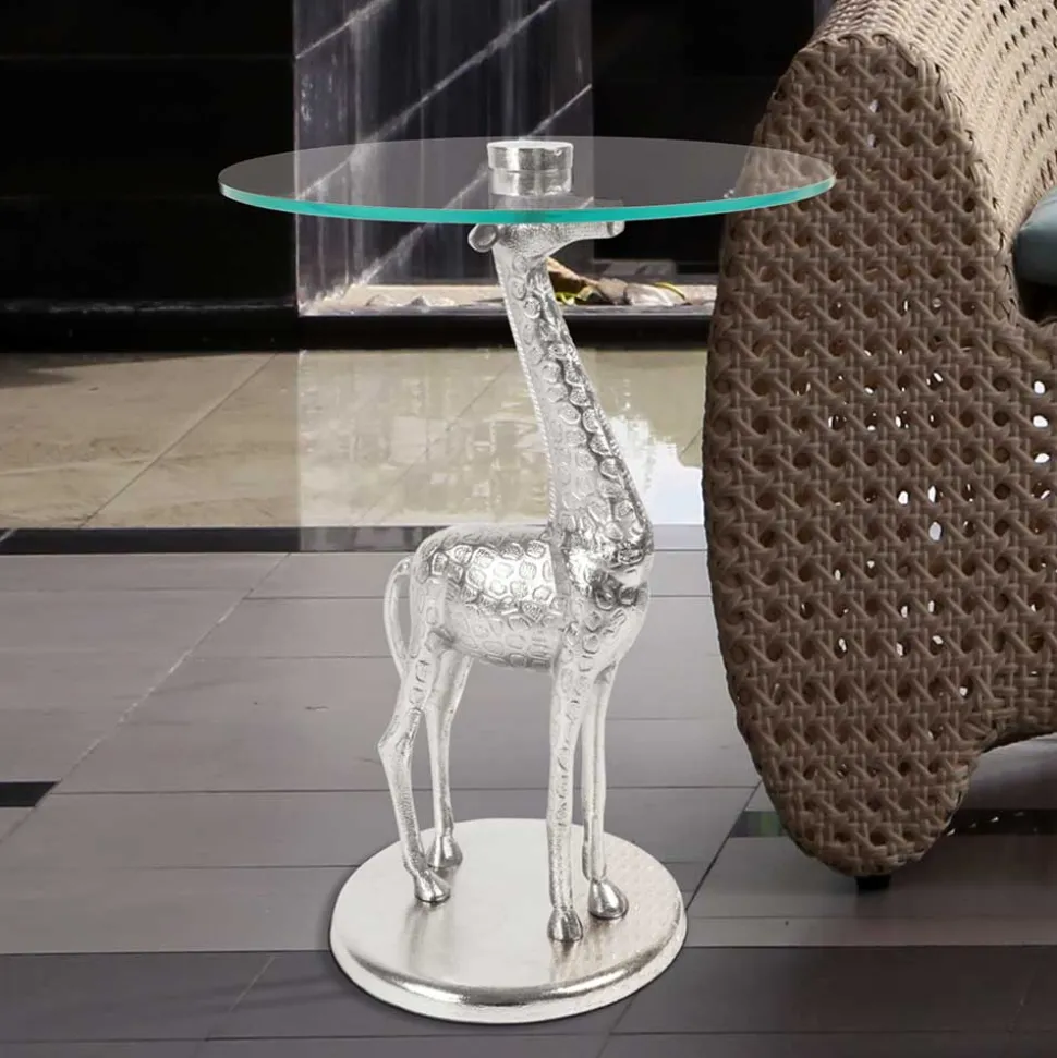 Runder Glas Beistelltisch mit Giraffe als Fuß - Fenya