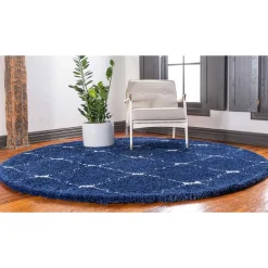 Runder Teppich in Dunkelblau & Creme Hochflor - Vimanco