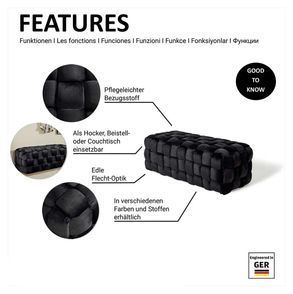 Samt Sitzbank in Schwarz Flechtdesign - Addara