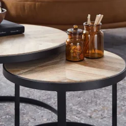 2-Satz Couchtisch mit Holzplatte Rund - Bernesa (zweiteilig)