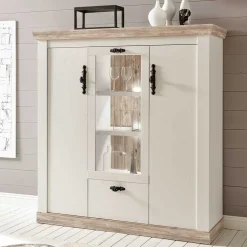 Scandi Landhaus Highboard in Weiß Pinie Shabby Nedita 140 cm breit