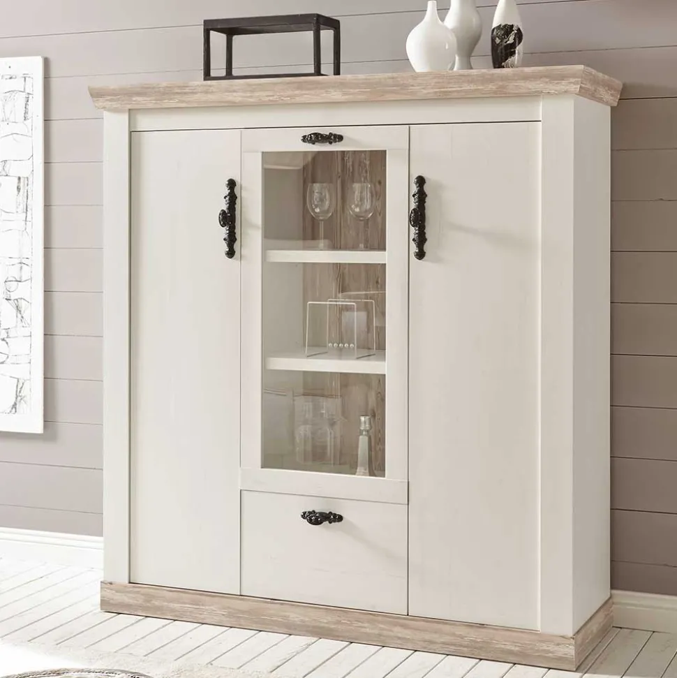 Scandi Landhaus Highboard in Weiß Pinie Shabby Nedita 140 cm breit